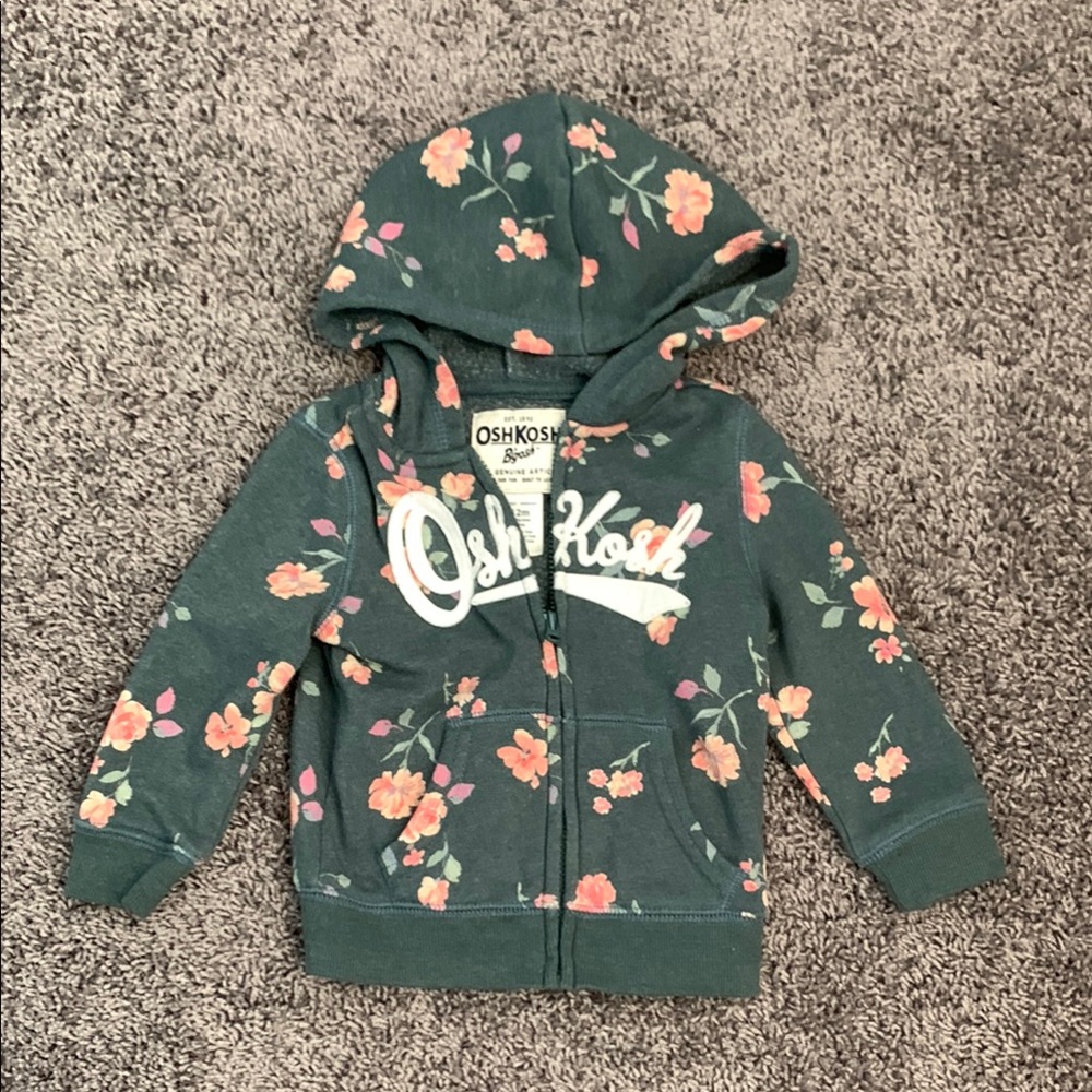 OshKosh B'gosh Green Sweatshirt with Floral Print Size 12M EUC